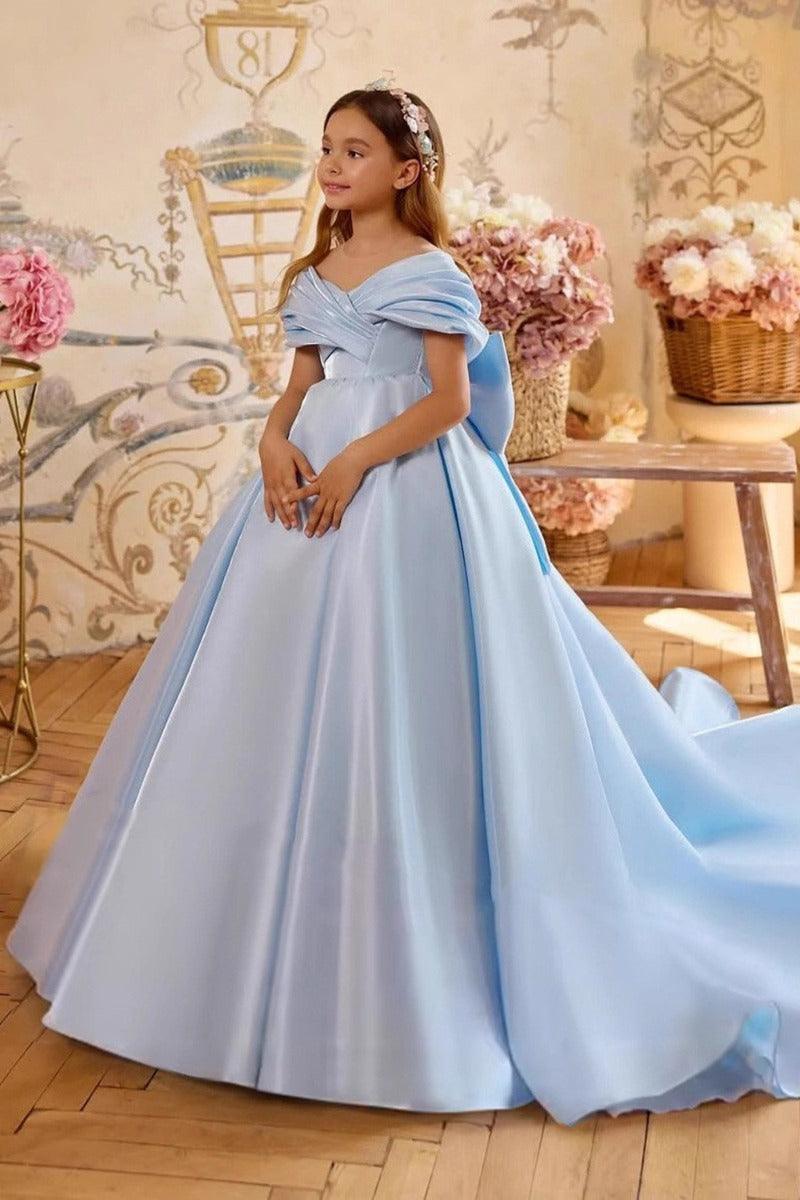 A-Line Off-Shoulder Satin Sweep-Brush Train Flower Girl Dresses 995911629571 - 10 Days / Sky Blue / 2 - COCOMELODY